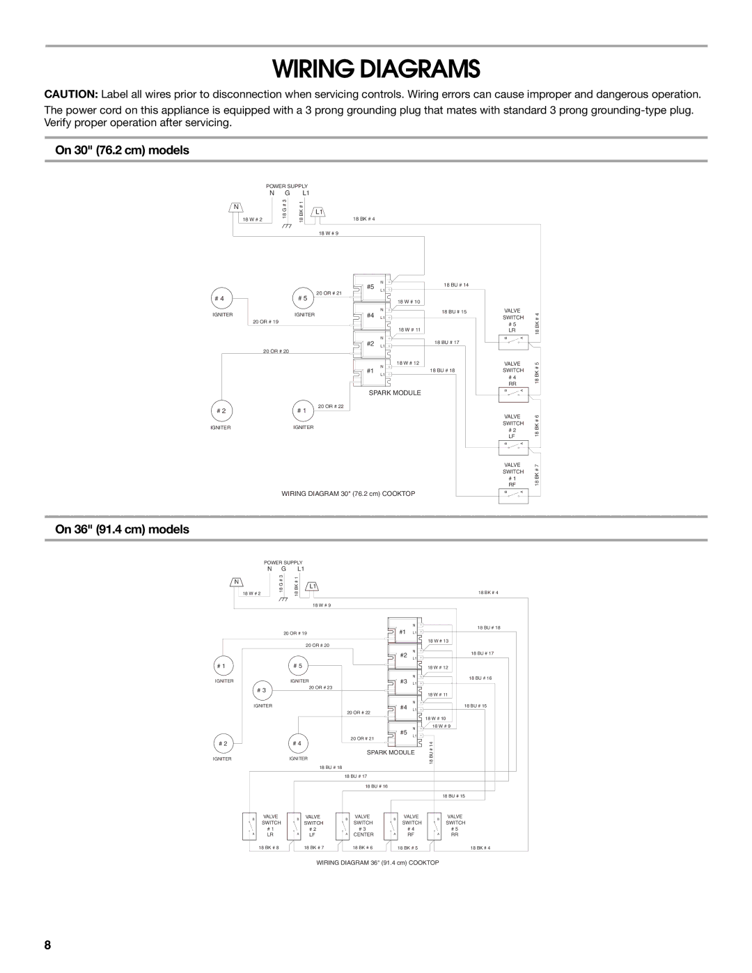 Whirlpool 9761893A installation instructions Wiring Diagrams, On 30 76.2 cm models, On 36 91.4 cm models 