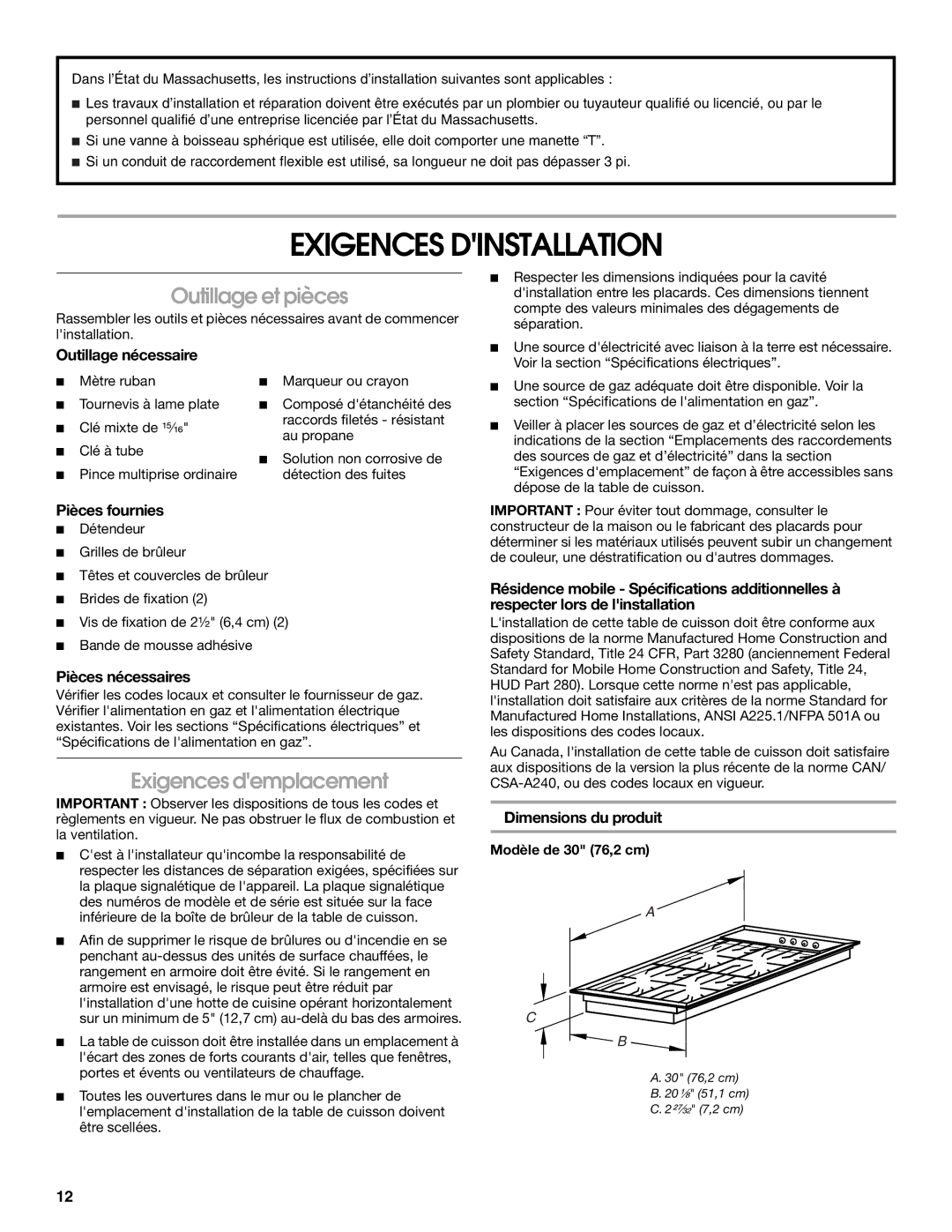 Whirlpool 9761893B installation instructions Exigences Dinstallation, Outillage et pièces, Exigences demplacement 