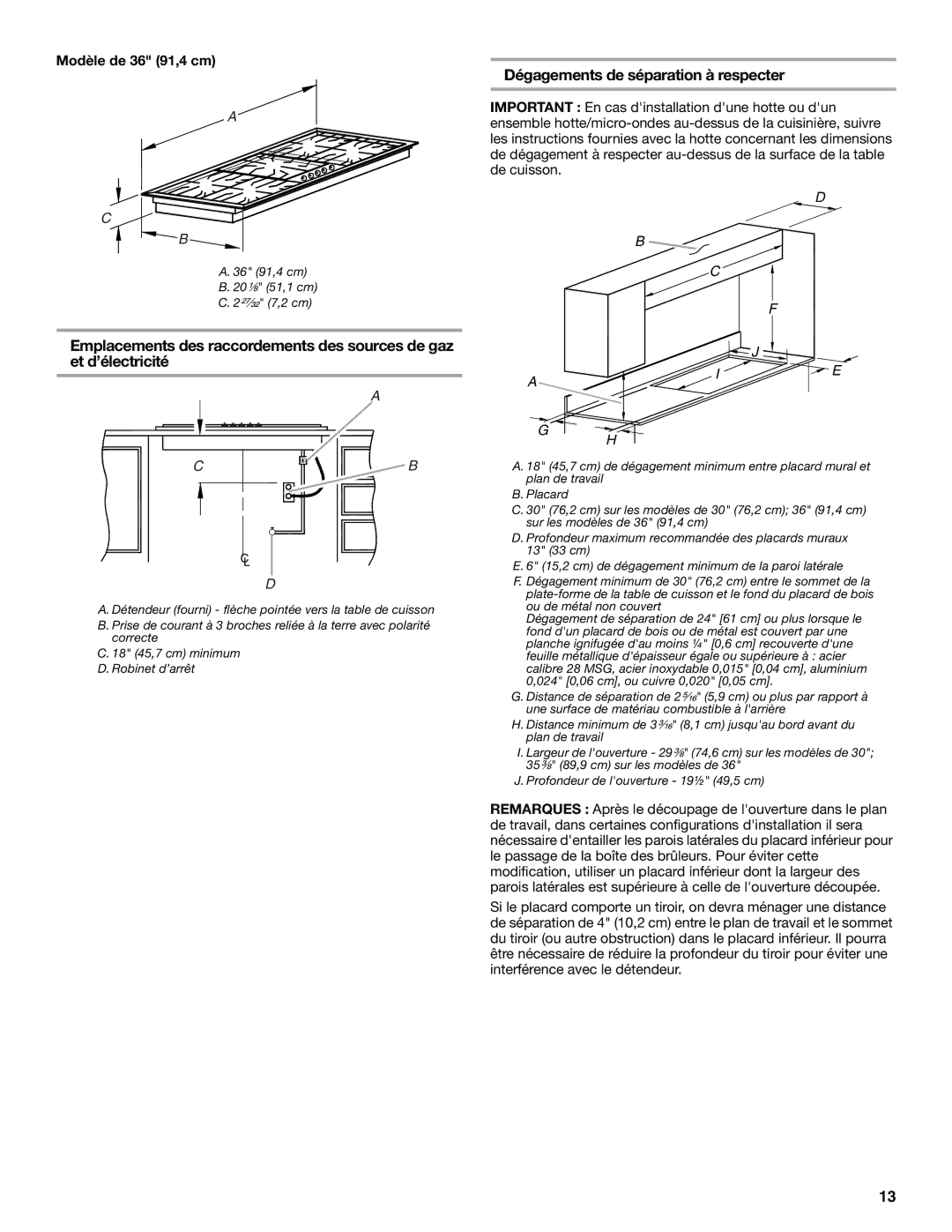 Whirlpool 9761893B installation instructions Dégagements de séparation à respecter, Modèle de 36 91,4 cm 