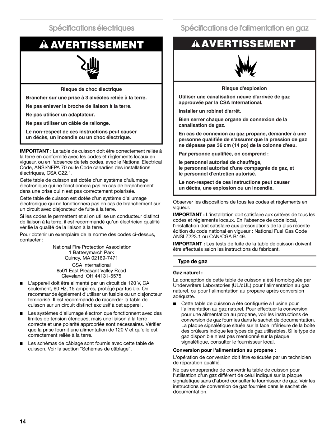 Whirlpool 9761893B Spécifications électriques, Spécifications de lalimentation en gaz, Type de gaz, Gaz naturel 