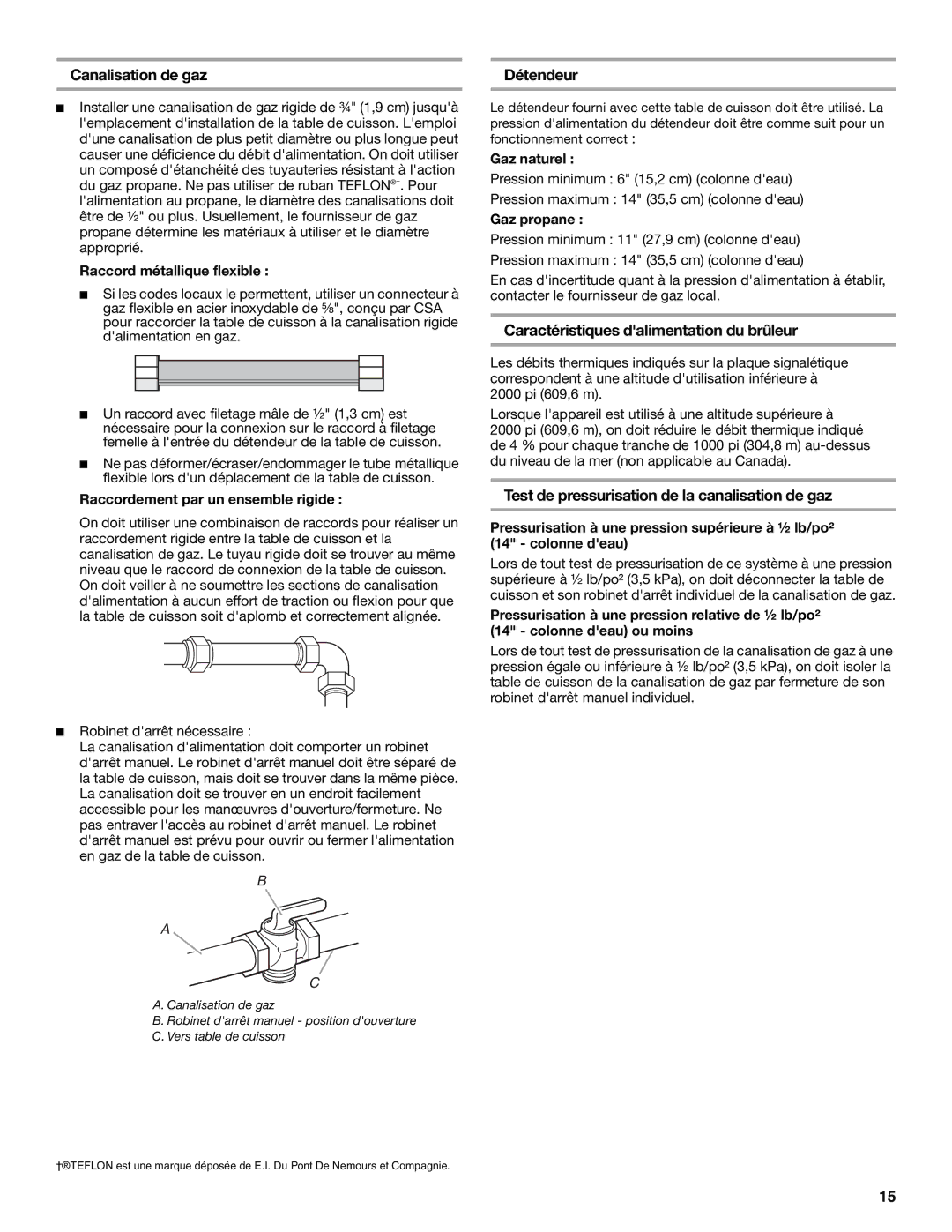 Whirlpool 9761893B installation instructions Canalisation de gaz, Détendeur, Caractéristiques dalimentation du brûleur 