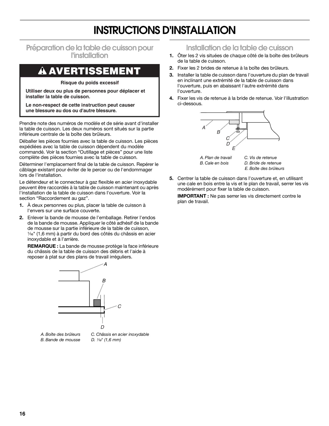 Whirlpool 9761893B Instructions Dinstallation, Préparation de la table de cuisson pour Linstallation 