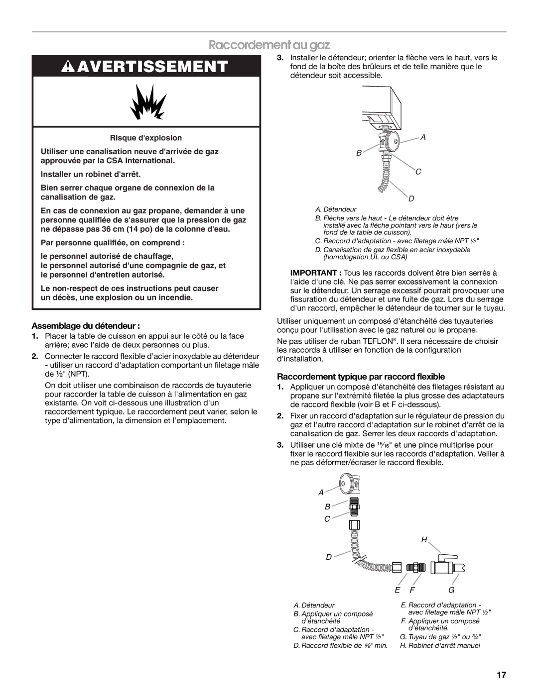 Whirlpool 9761893B Raccordement au gaz, Assemblage du détendeur, Raccordement typique par raccord flexible 