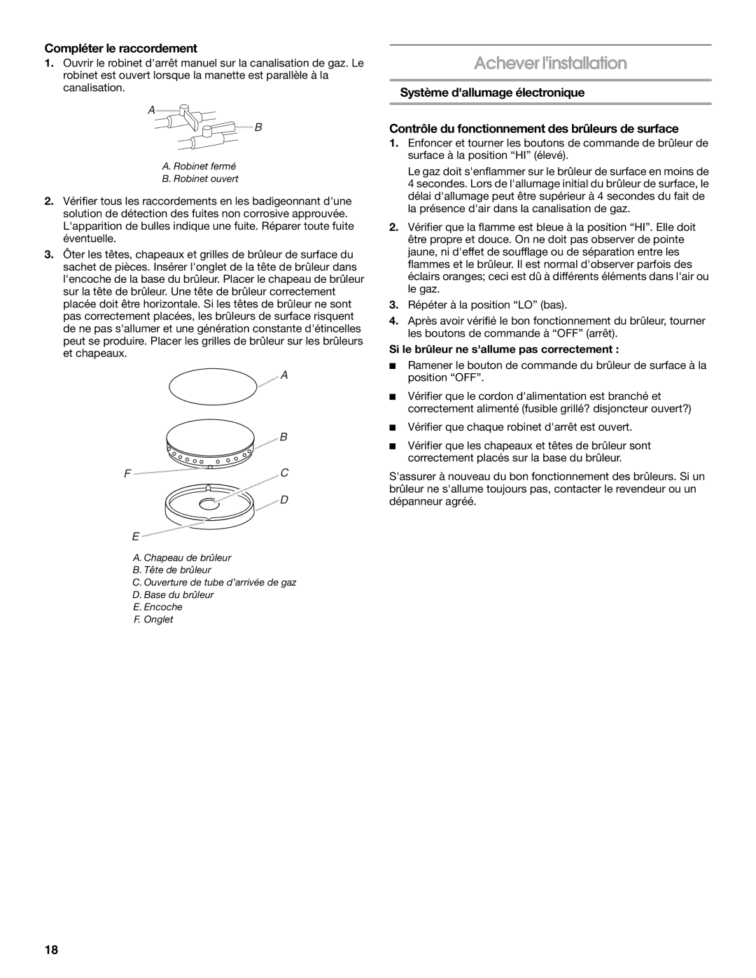 Whirlpool 9761893B Achever linstallation, Compléter le raccordement, Si le brûleur ne sallume pas correctement 