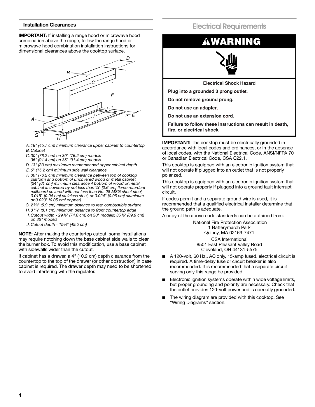 Whirlpool 9761893B installation instructions Electrical Requirements, Installation Clearances 