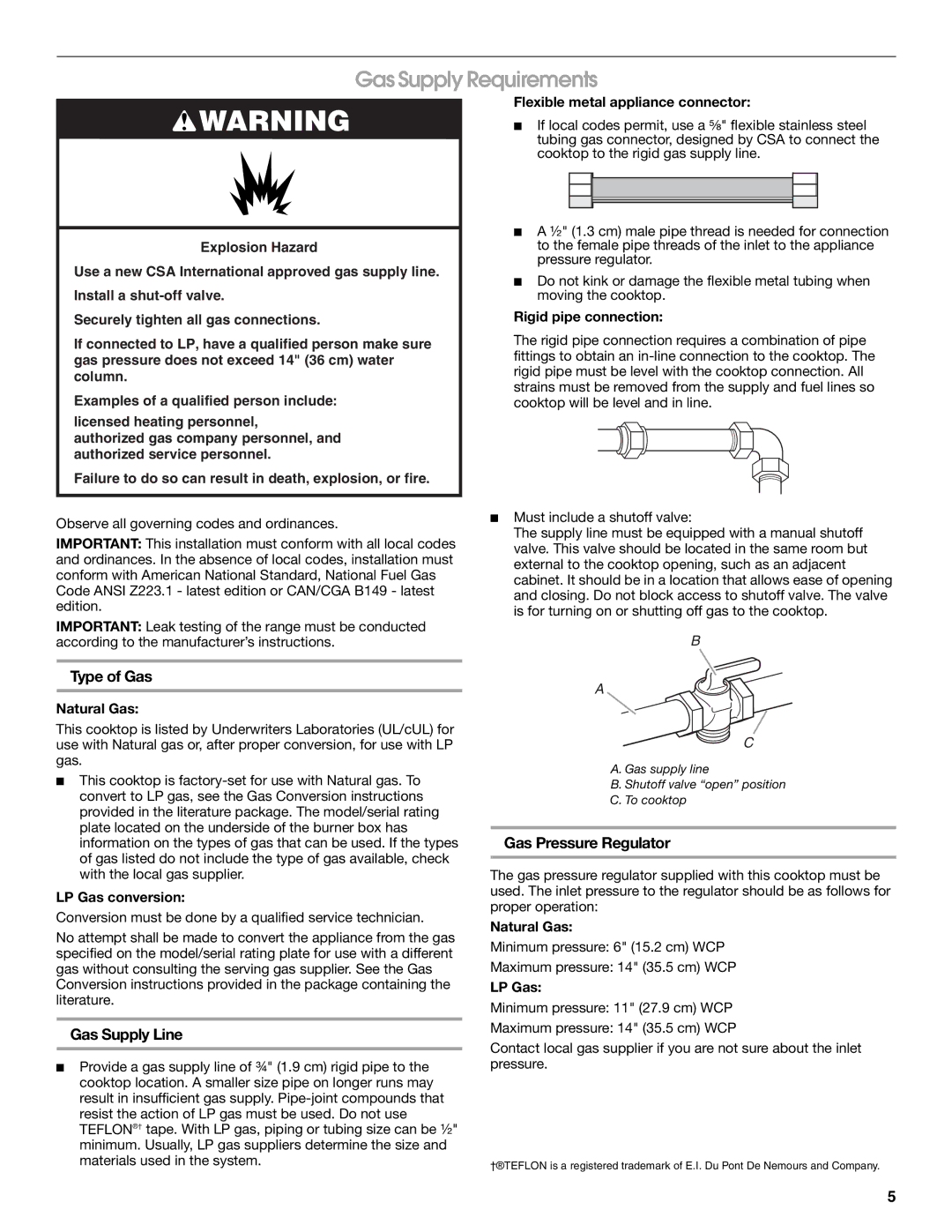 Whirlpool 9761893B installation instructions Gas Supply Requirements, Type of Gas, Gas Supply Line, Gas Pressure Regulator 