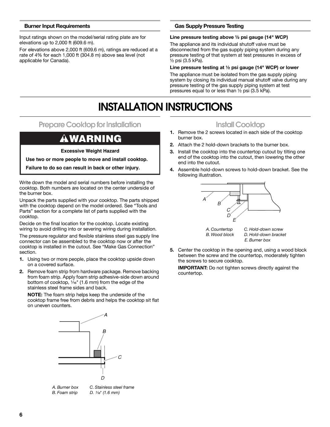 Whirlpool 9761893B installation instructions Installation Instructions, Prepare Cooktop for Installation, Install Cooktop 