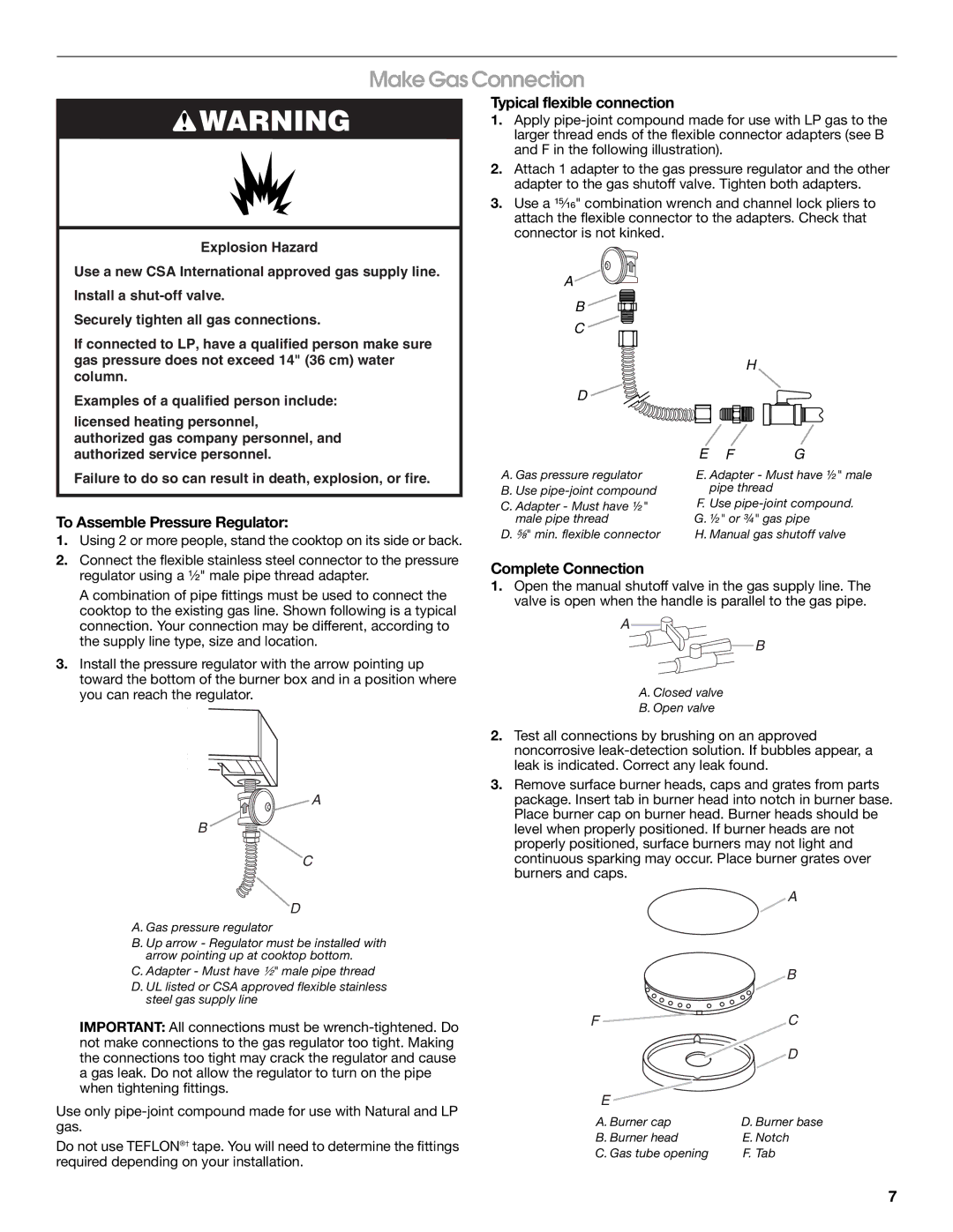 Whirlpool 9761893B Make Gas Connection, Typical flexible connection, To Assemble Pressure Regulator, Complete Connection 