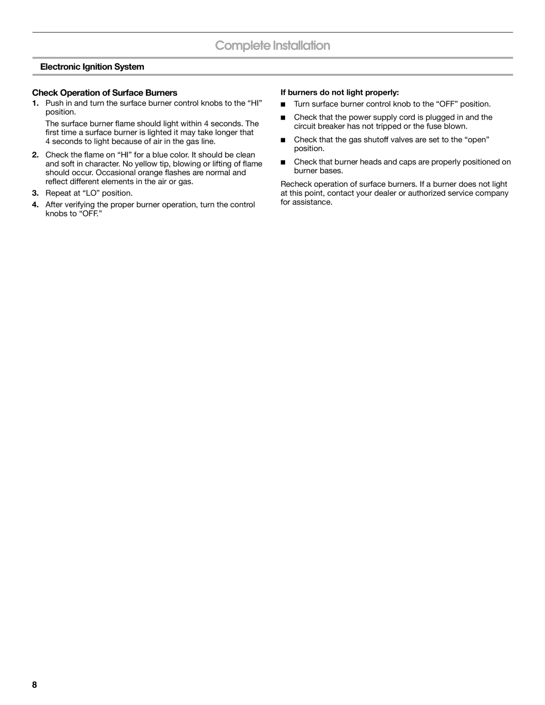 Whirlpool 9761893B installation instructions Complete Installation, If burners do not light properly 