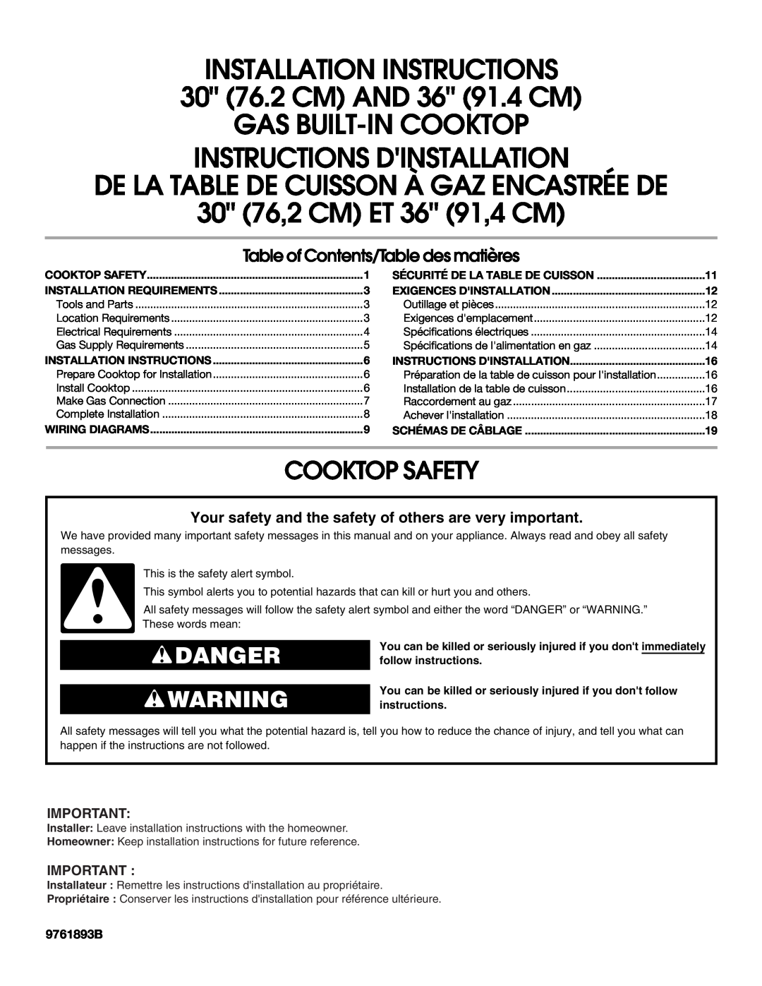 Whirlpool 9761893B installation instructions Cooktop Safety, Danger, Installation Instructions, Instructions Dinstallation 