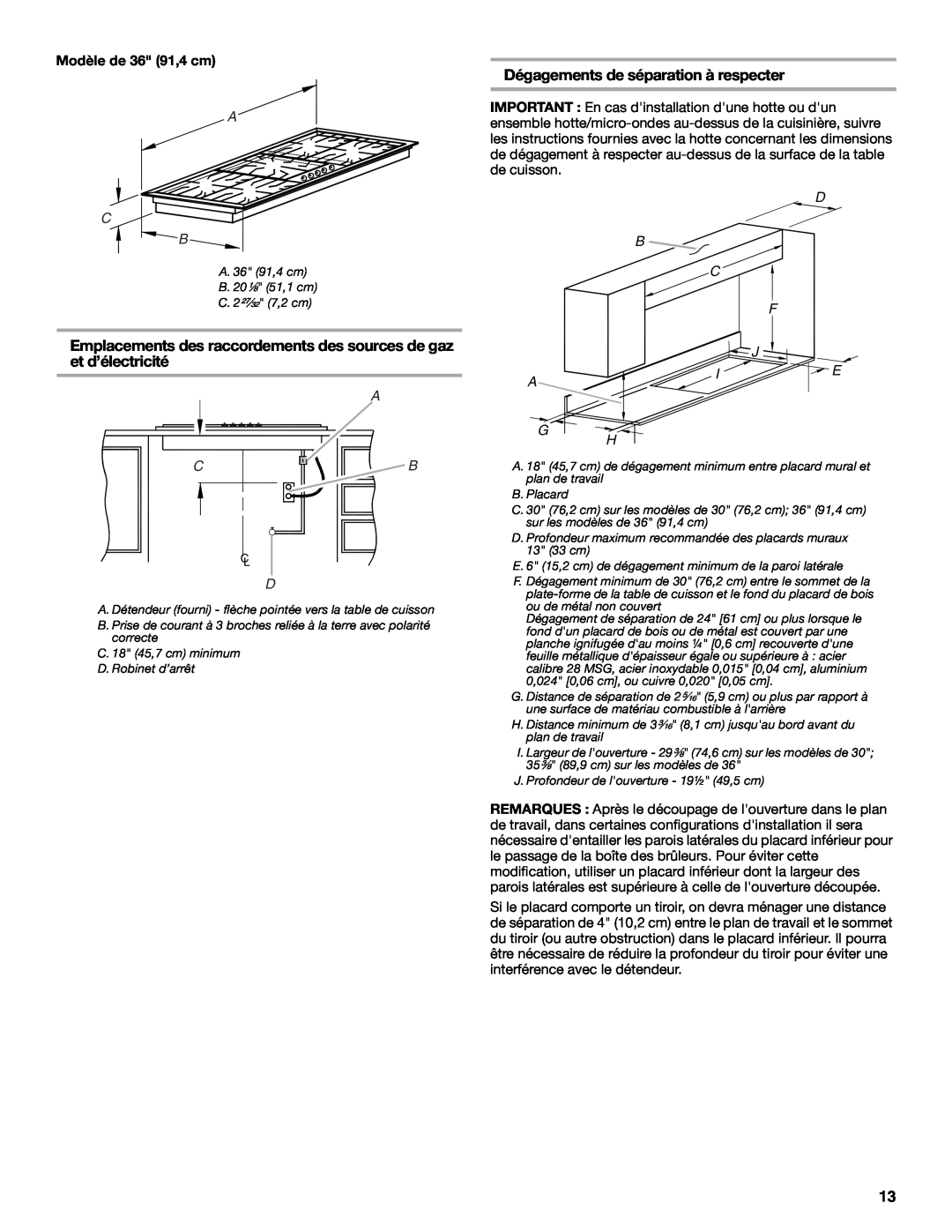 Whirlpool 9761893B installation instructions Dégagements de séparation à respecter, Modèle de 36 91,4 cm, A G H, F J I E 
