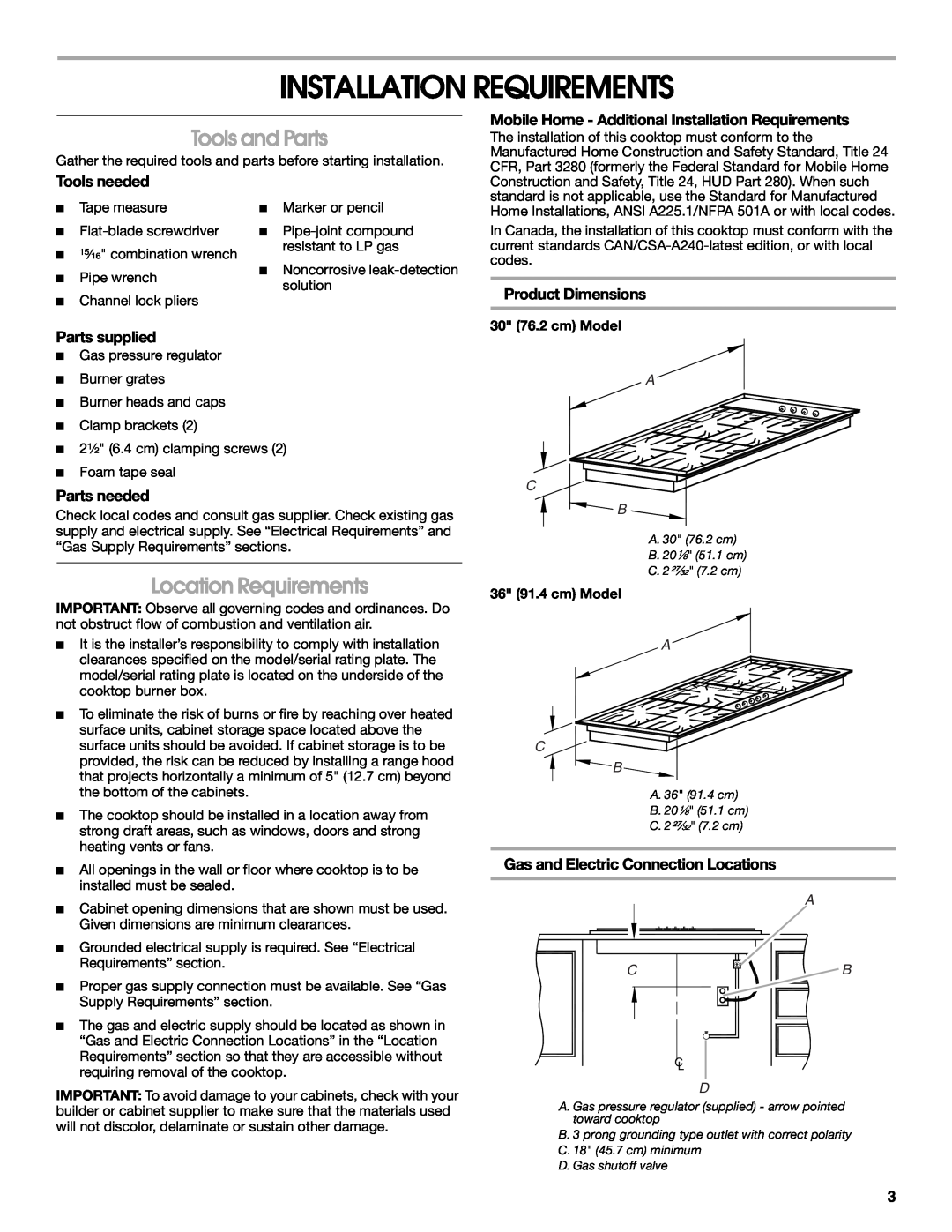 Whirlpool 9761893B Installation Requirements, Tools and Parts, Location Requirements, Tools needed, Parts supplied, A C B 