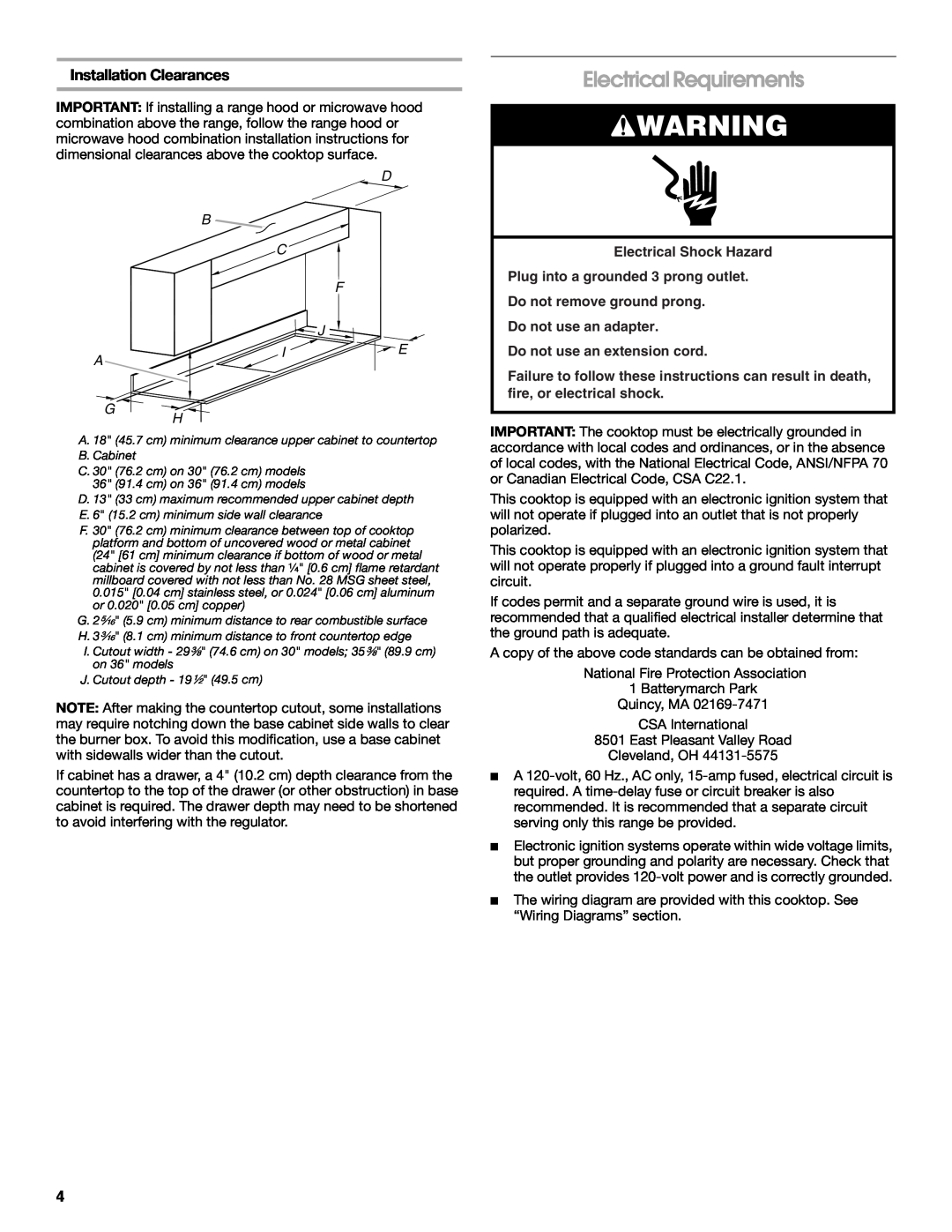 Whirlpool 9761893B installation instructions Electrical Requirements, Installation Clearances, A G H, F J I E 
