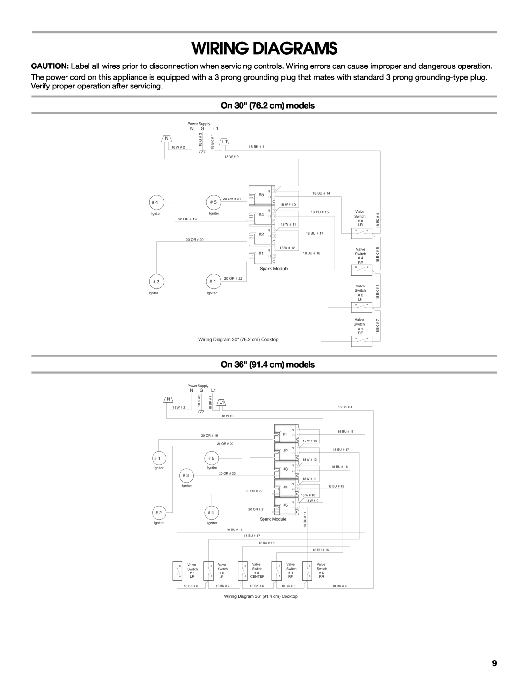 Whirlpool 9761893B installation instructions Wiring Diagrams, On 30 76.2 cm models, On 36 91.4 cm models 