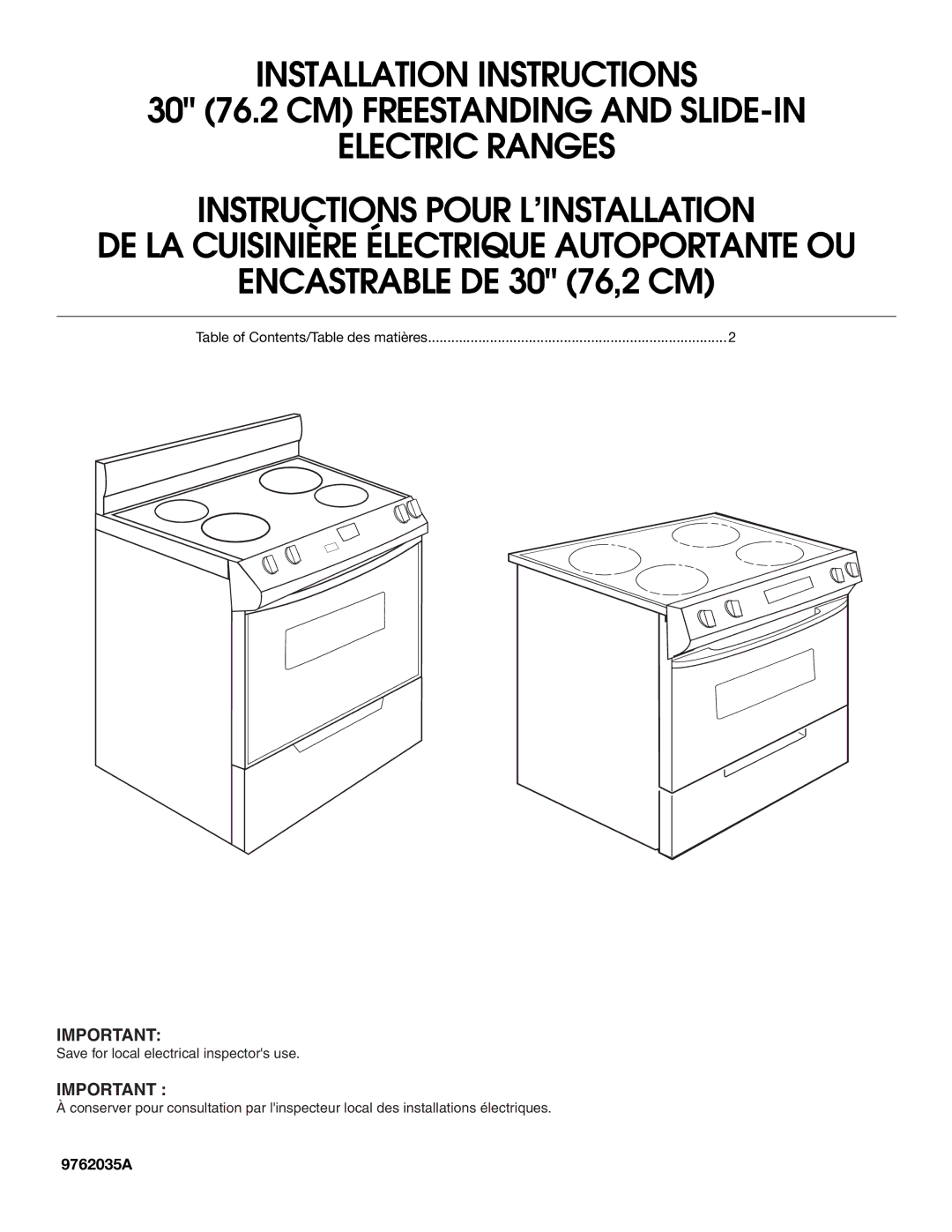 Whirlpool 9762035A installation instructions Encastrable DE 30 76,2 CM 