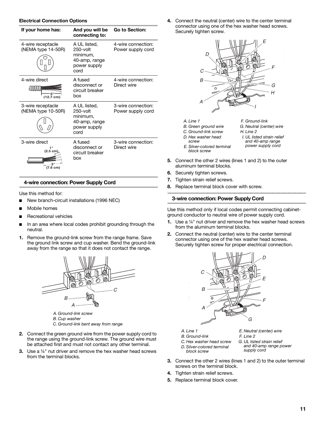 Whirlpool 9762035A installation instructions Wire connection Power Supply Cord 