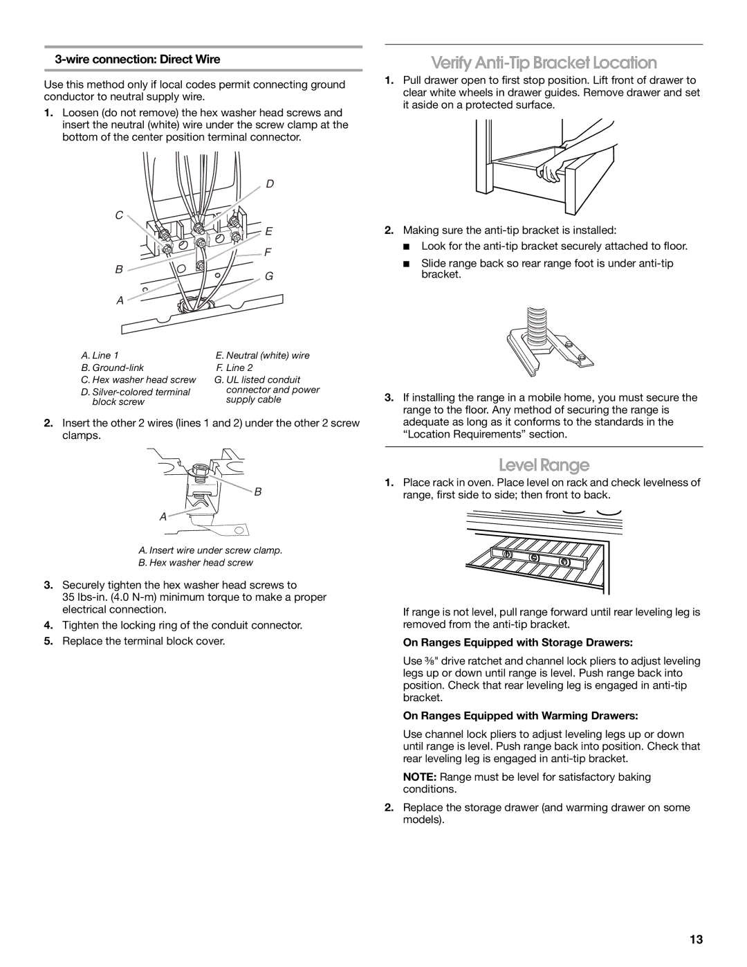 Whirlpool 9762035A Verify Anti-Tip Bracket Location, Level Range, On Ranges Equipped with Storage Drawers 