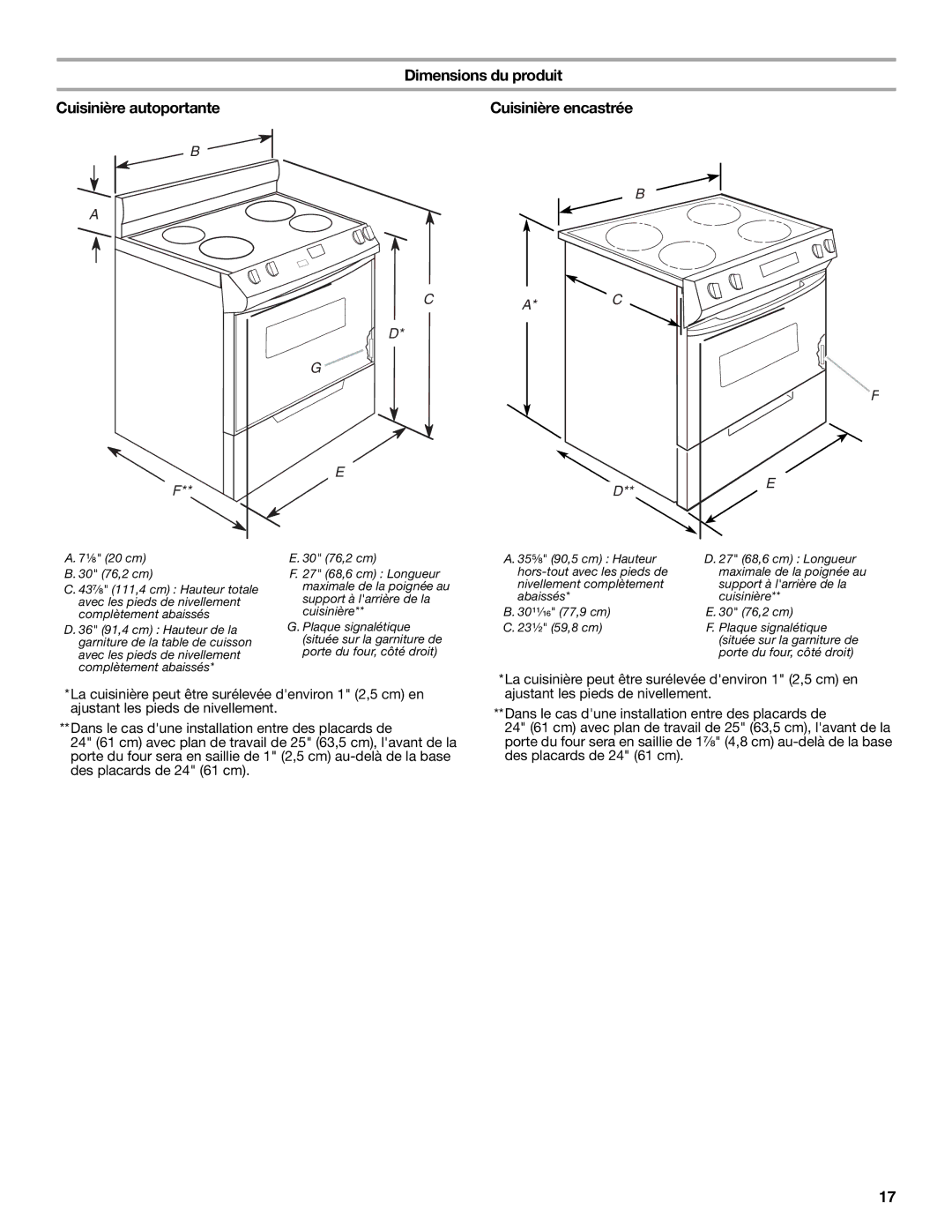 Whirlpool 9762035A installation instructions Dimensions du produit Cuisinière autoportante, Cuisinière encastrée 