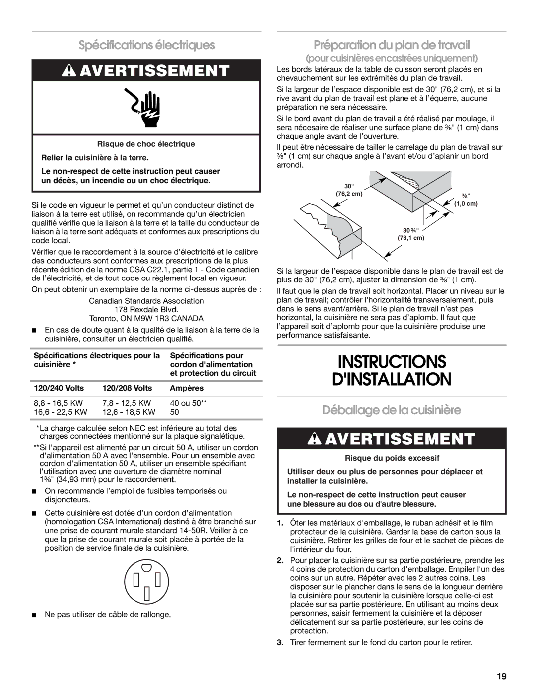 Whirlpool 9762035A Instructions Dinstallation, Spécifications électriques, Préparation du plan de travail 