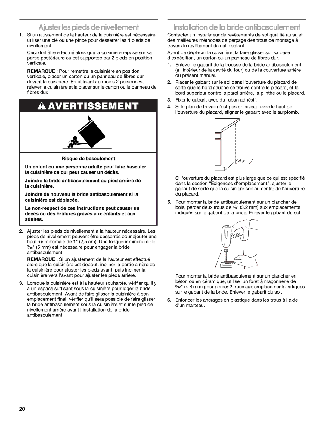 Whirlpool 9762035A installation instructions Ajuster les pieds de nivellement, Installation de la bride antibasculement 