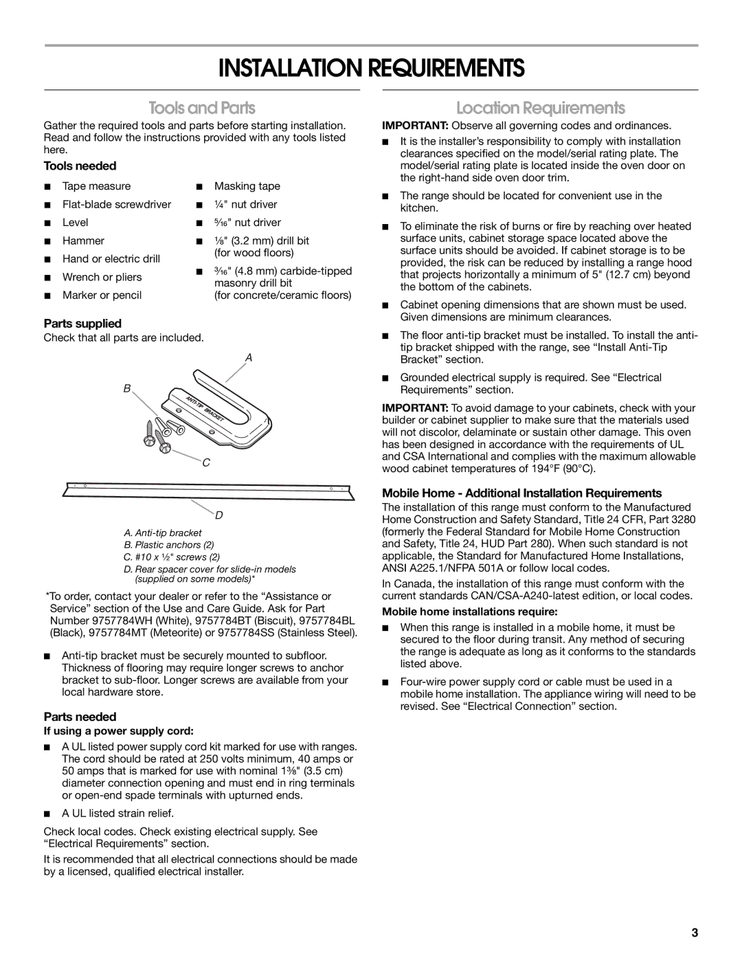 Whirlpool 9762035A installation instructions Installation Requirements, Tools and Parts, Location Requirements 