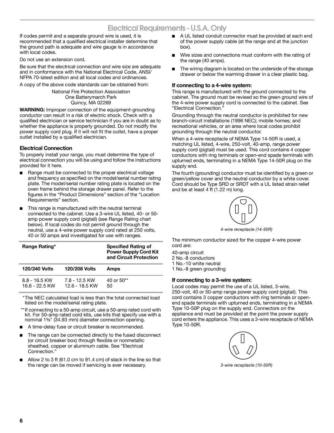 Whirlpool 9762035A Electrical Requirements U.S.A. Only, Electrical Connection, If connecting to a 4-wire system 