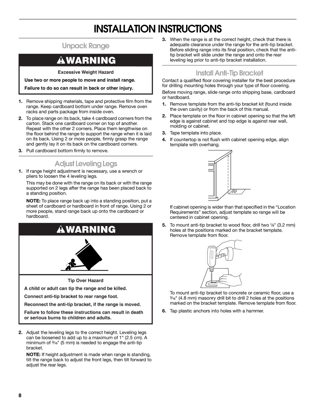 Whirlpool 9762035A Installation Instructions, Unpack Range, Adjust Leveling Legs, Install Anti-Tip Bracket 