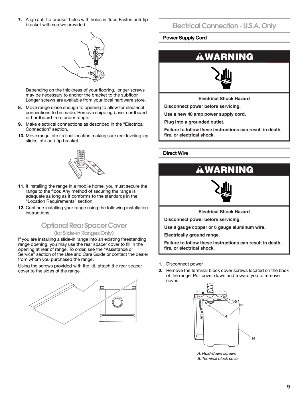 Whirlpool 9762035A Electrical Connection U.S.A. Only, Optional Rear Spacer Cover, Power Supply Cord, Direct Wire 