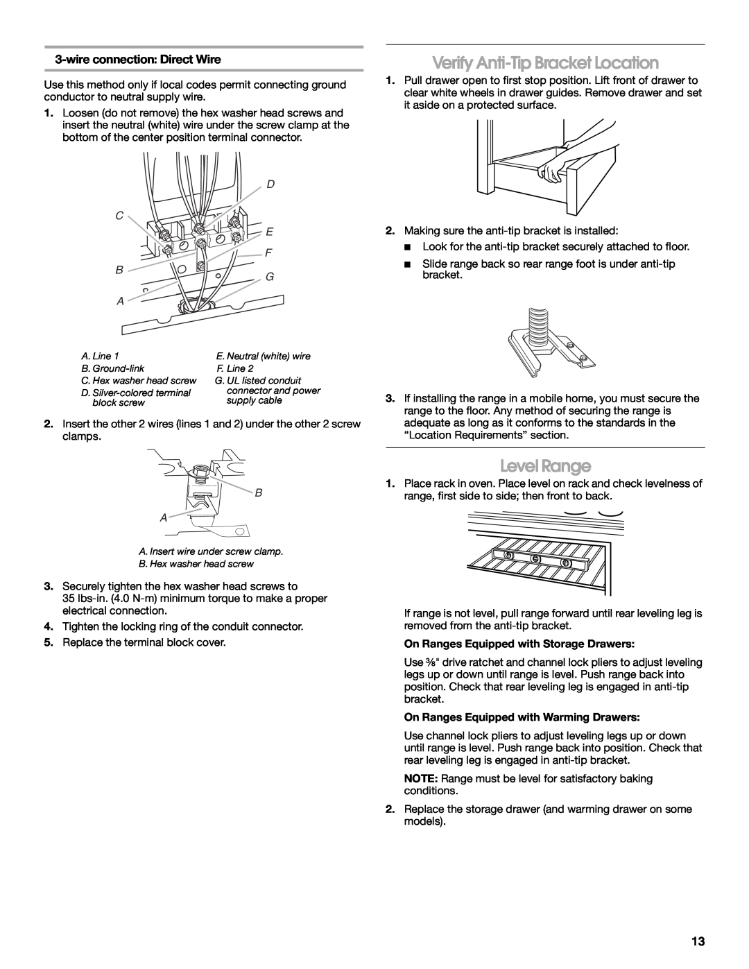 Whirlpool 9762035A installation instructions Verify Anti-Tip Bracket Location, Level Range, wire connection Direct Wire 