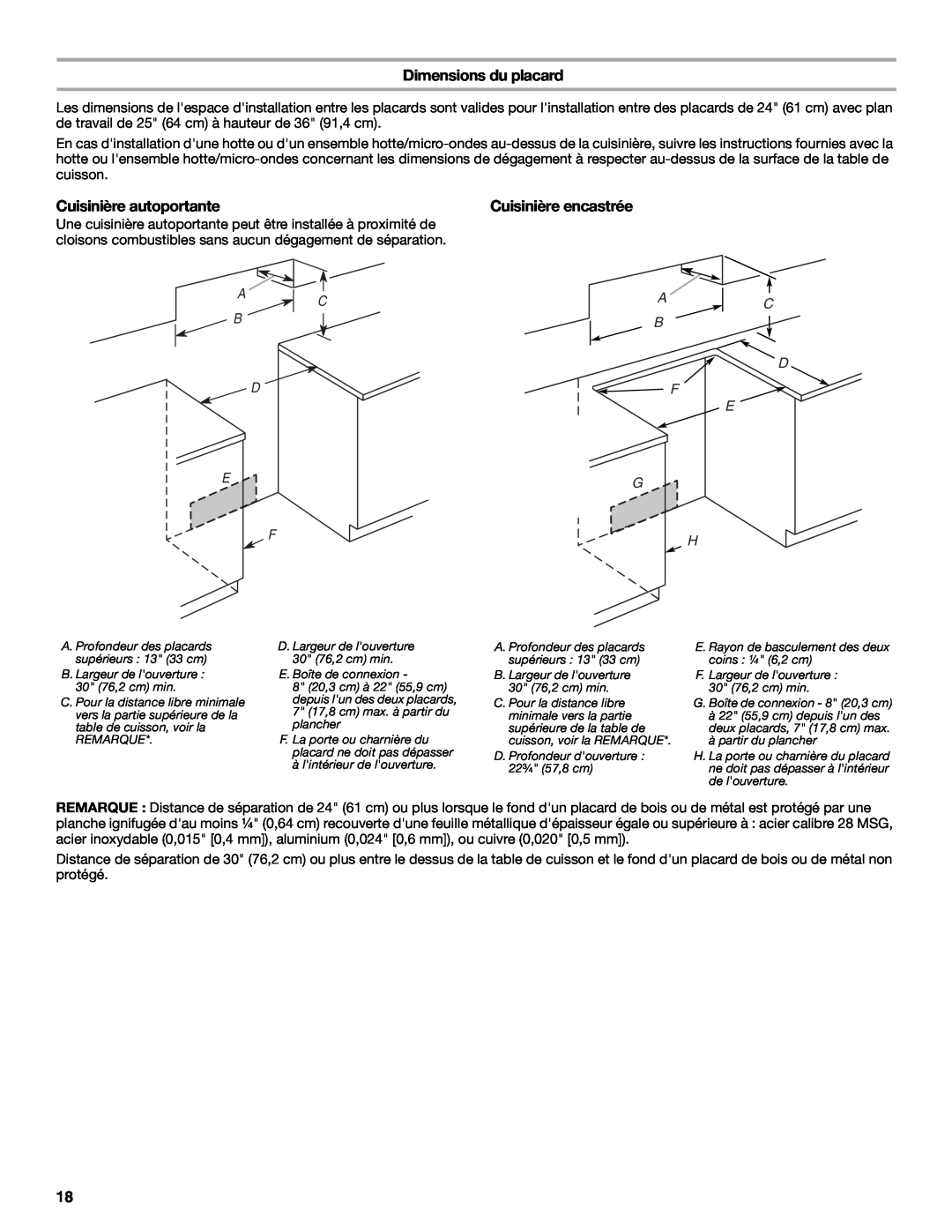 Whirlpool 9762035A installation instructions Dimensions du placard, A C B D E F, A B F G H, Cuisinière autoportante, C D E 
