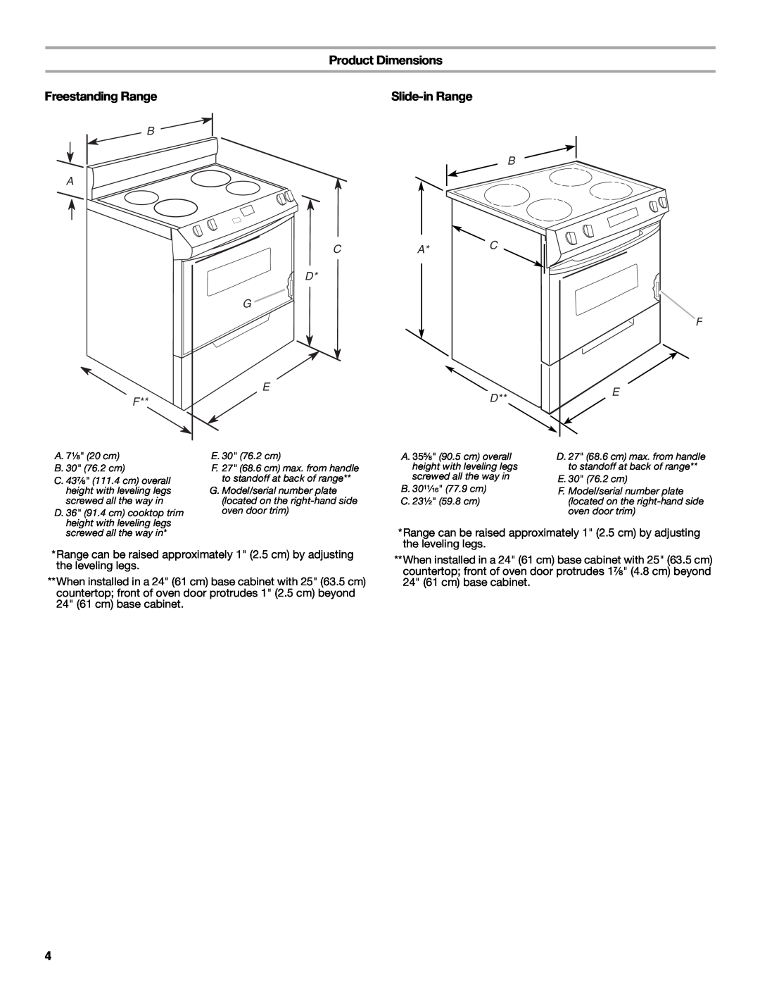 Whirlpool 9762035A installation instructions Product Dimensions, Freestanding Range, B A Ca D G, B C F, Slide-in Range 