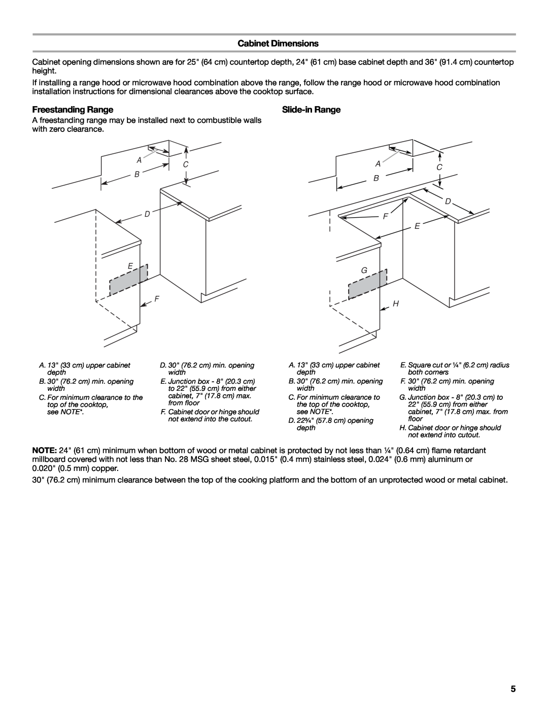 Whirlpool 9762035A installation instructions Cabinet Dimensions, A C B D, A B F, C D E, Freestanding Range 