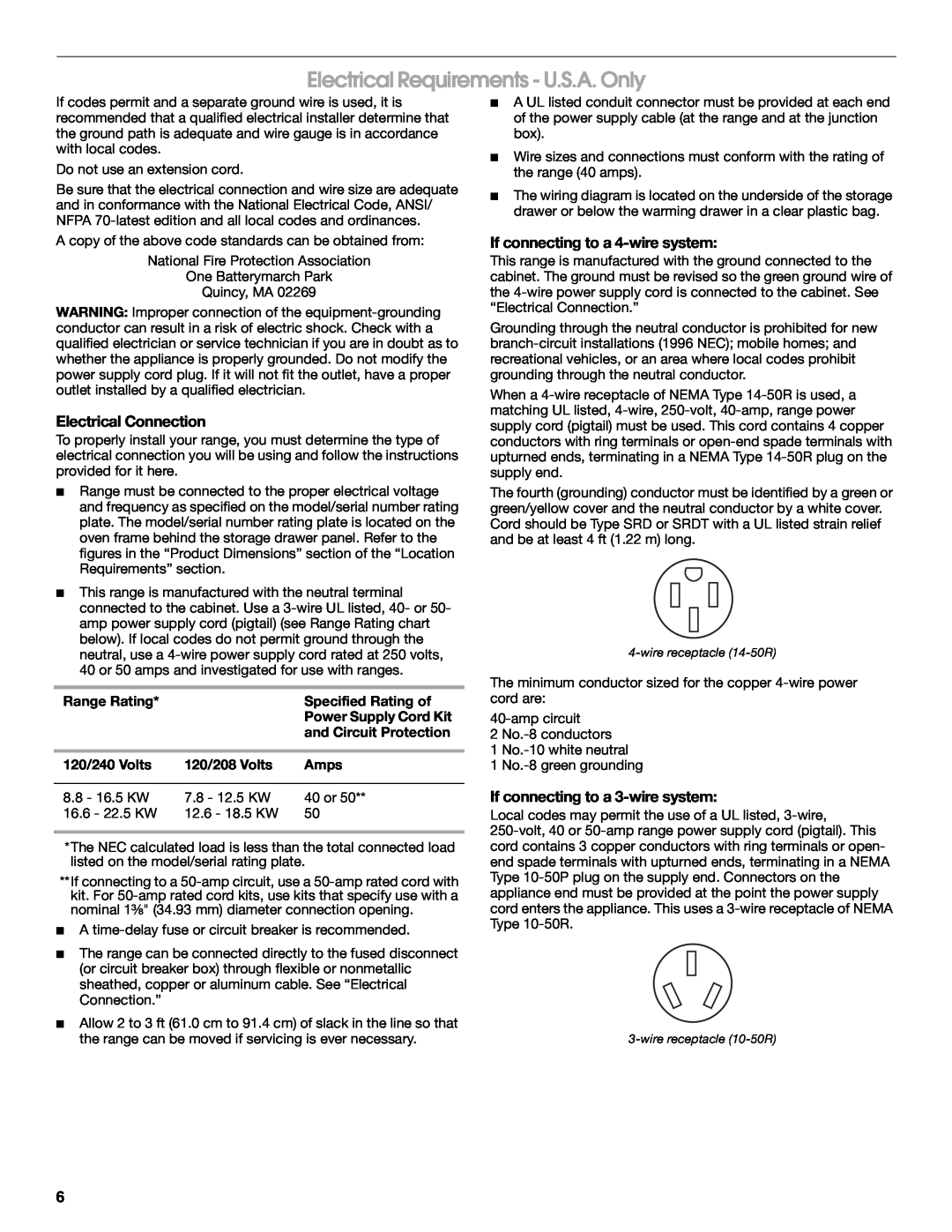 Whirlpool 9762035A Electrical Requirements - U.S.A. Only, Electrical Connection, If connecting to a 4-wire system 