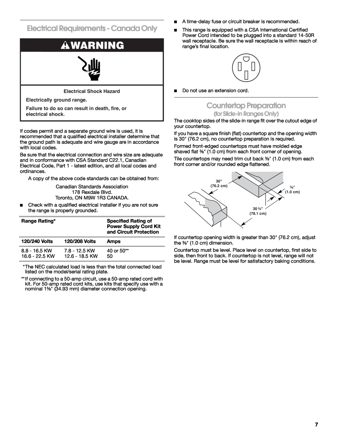 Whirlpool 9762035A Electrical Requirements - Canada Only, Countertop Preparation, for Slide-in Ranges Only 