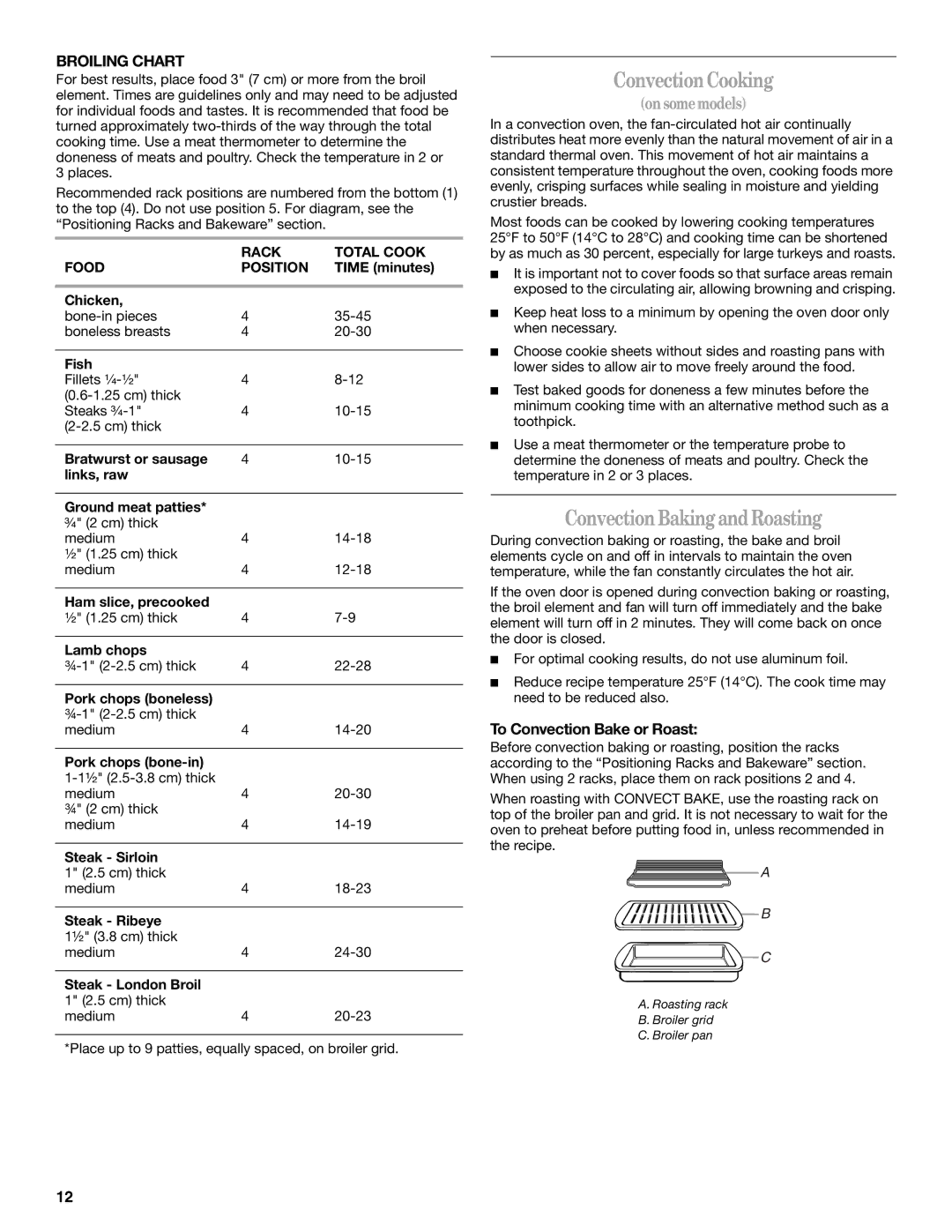 Whirlpool 9762257 manual Convection Cooking, Convection Baking and Roasting, Broiling Chart, To Convection Bake or Roast 