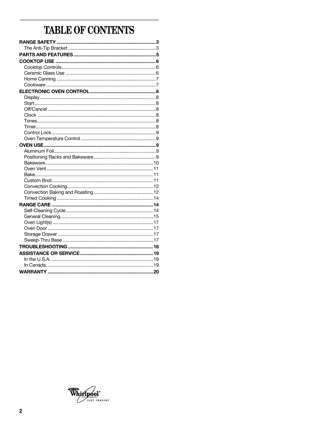 Whirlpool 9762257 manual Table of Contents 