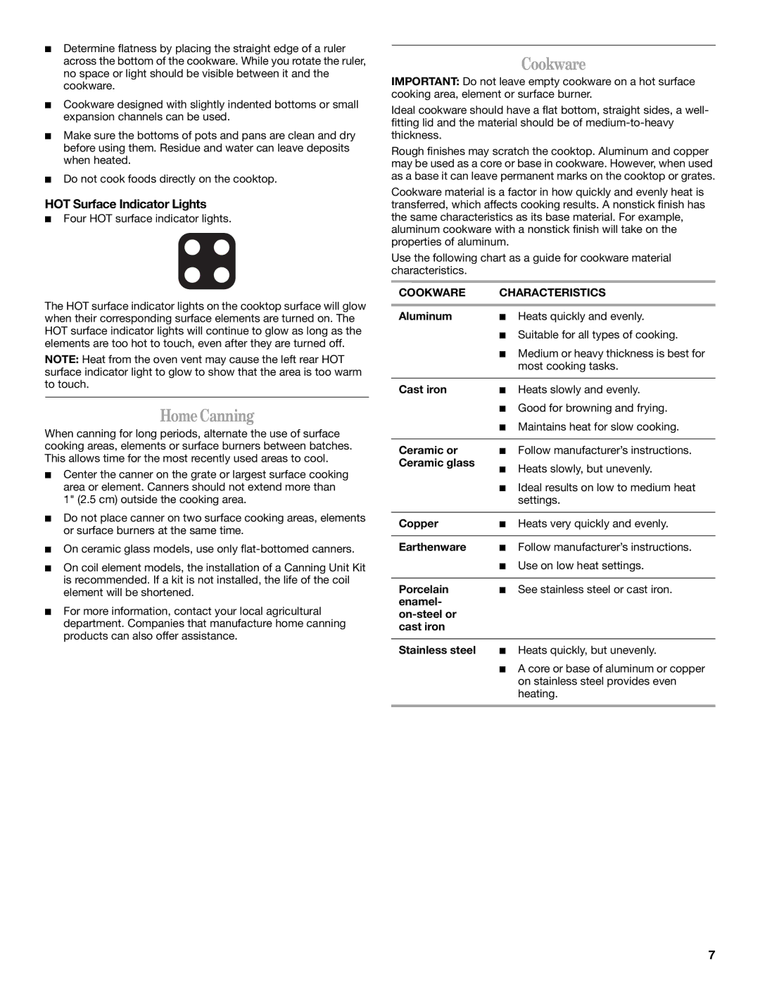 Whirlpool 9762257 manual Home Canning, HOT Surface Indicator Lights, Cookware Characteristics 