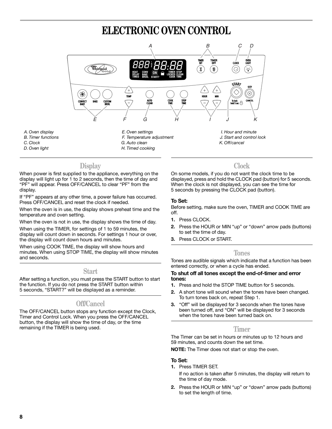 Whirlpool 9762257 manual Electronic Oven Control, Start, Off/Cancel, Tones, Timer 