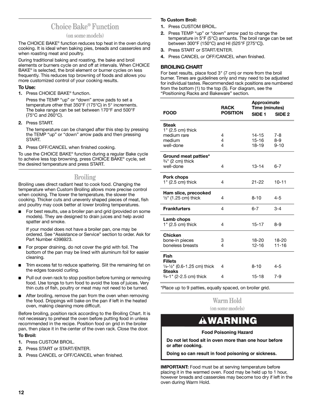 Whirlpool 9762354A manual Warm Hold, To Use, Broiling Chart 