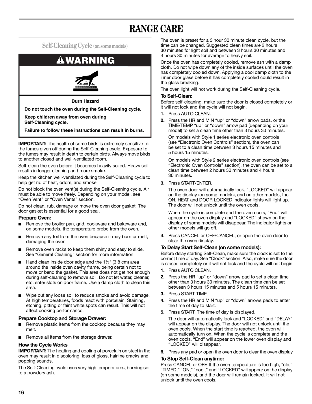 Whirlpool 9762354A manual Range Care, Self-Cleaning Cycle on some models 