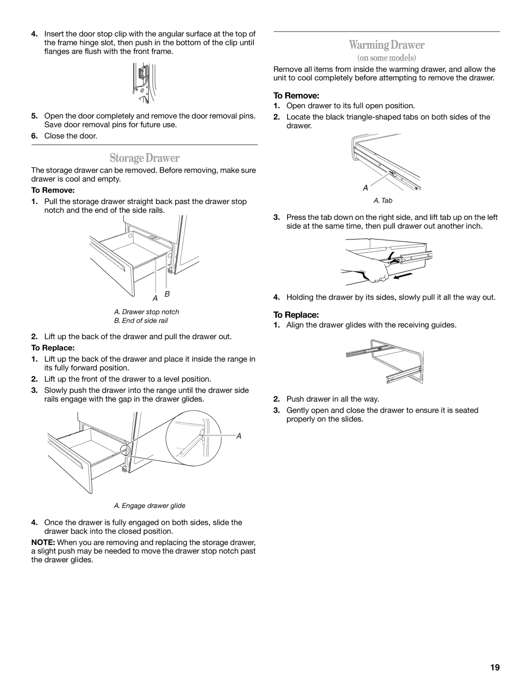 Whirlpool 9762354A manual Storage Drawer, Warming Drawer, To Remove, To Replace 