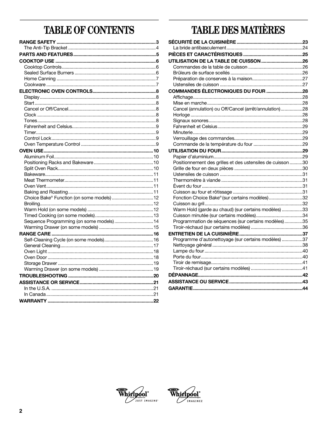 Whirlpool 9762354A manual Table DES Matières 