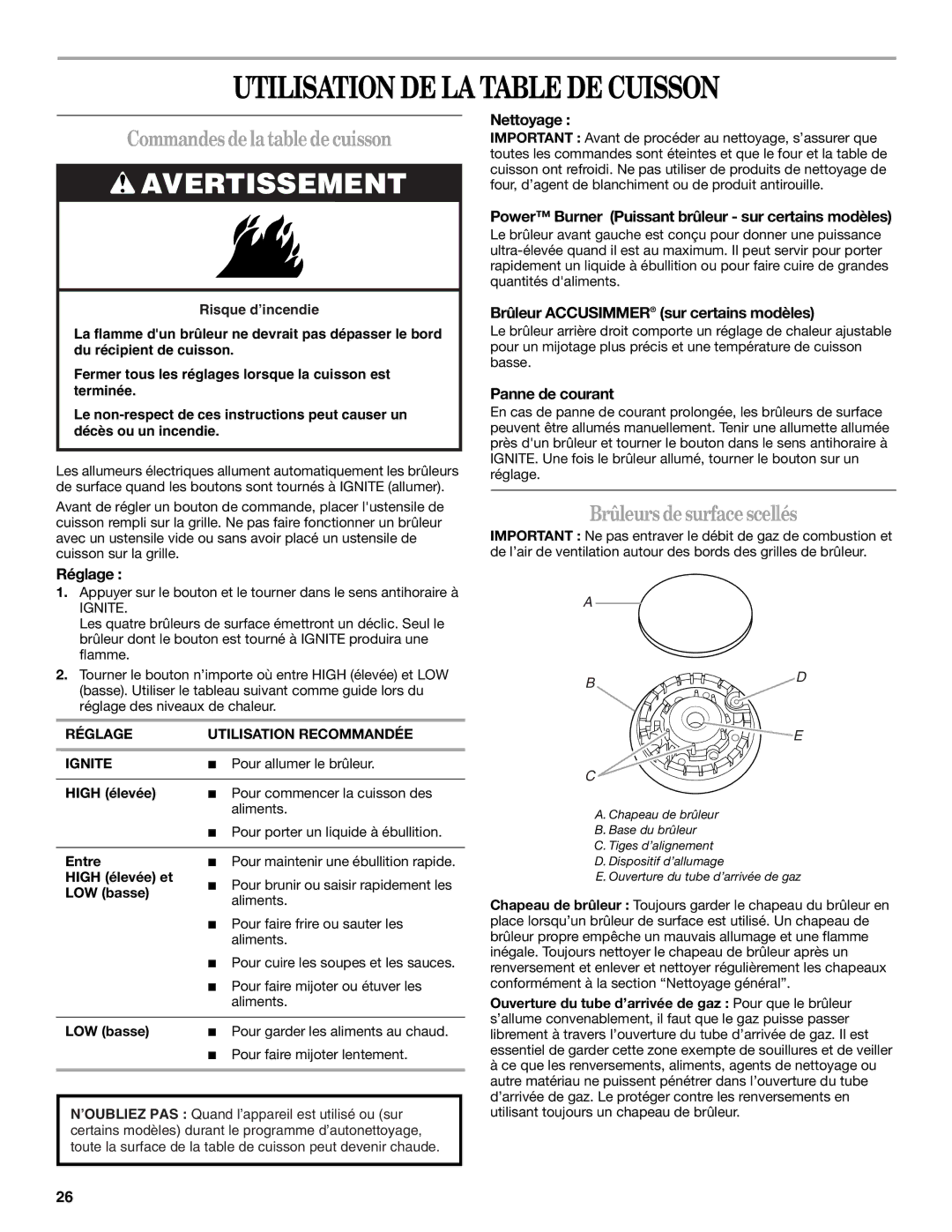 Whirlpool 9762354A manual Utilisation DE LA Table DE Cuisson, Commandes de la table de cuisson, Brûleurs de surface scellés 