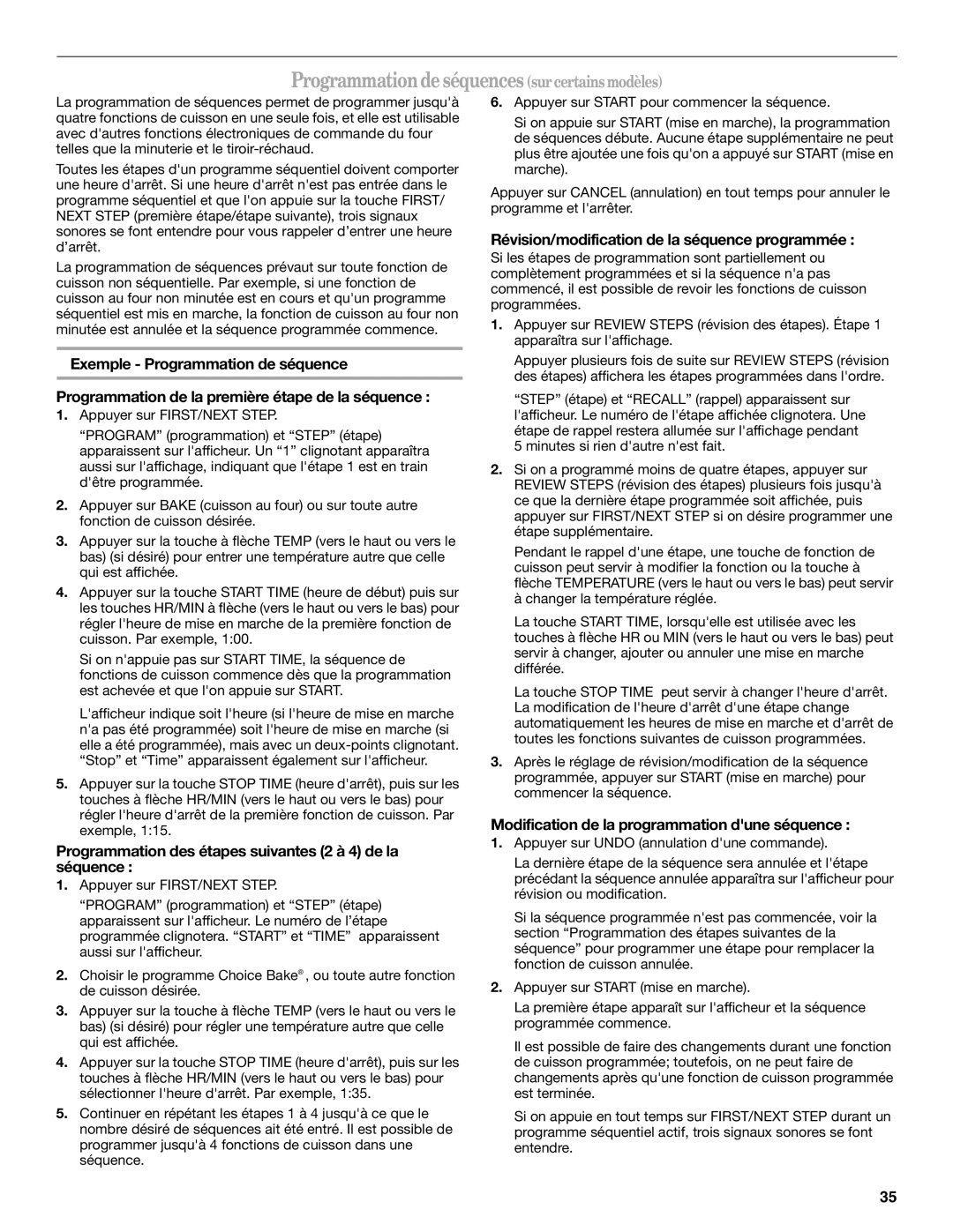 Whirlpool 9762354A manual Programmation de séquences sur certains modèles, Révision/modification de la séquence programmée 