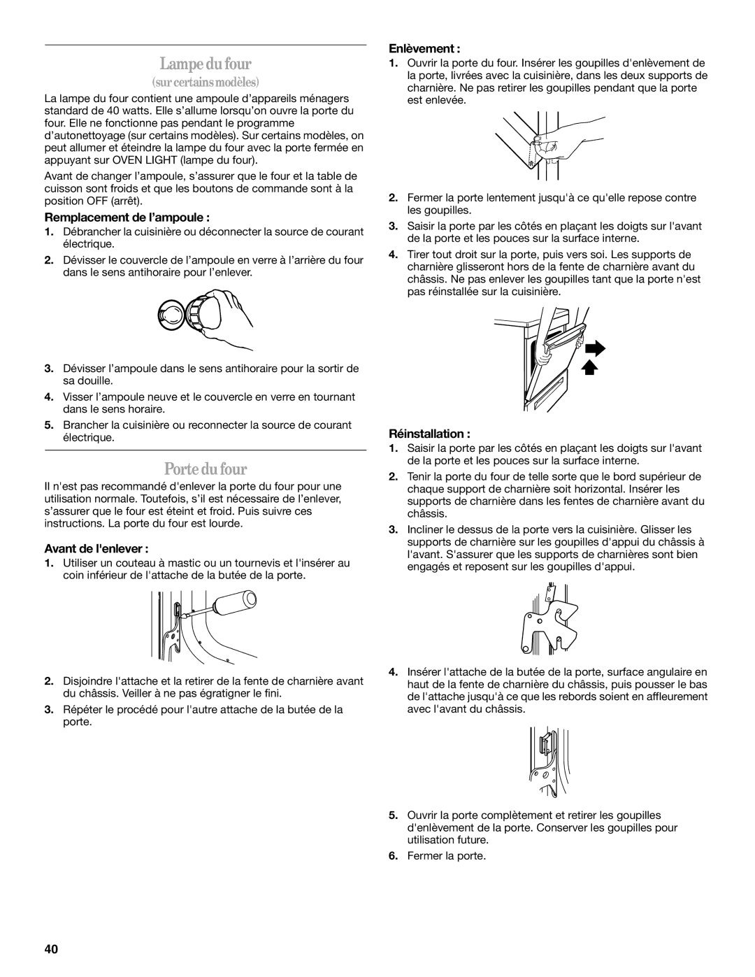 Whirlpool 9762354A manual Lampe du four, Porte du four 