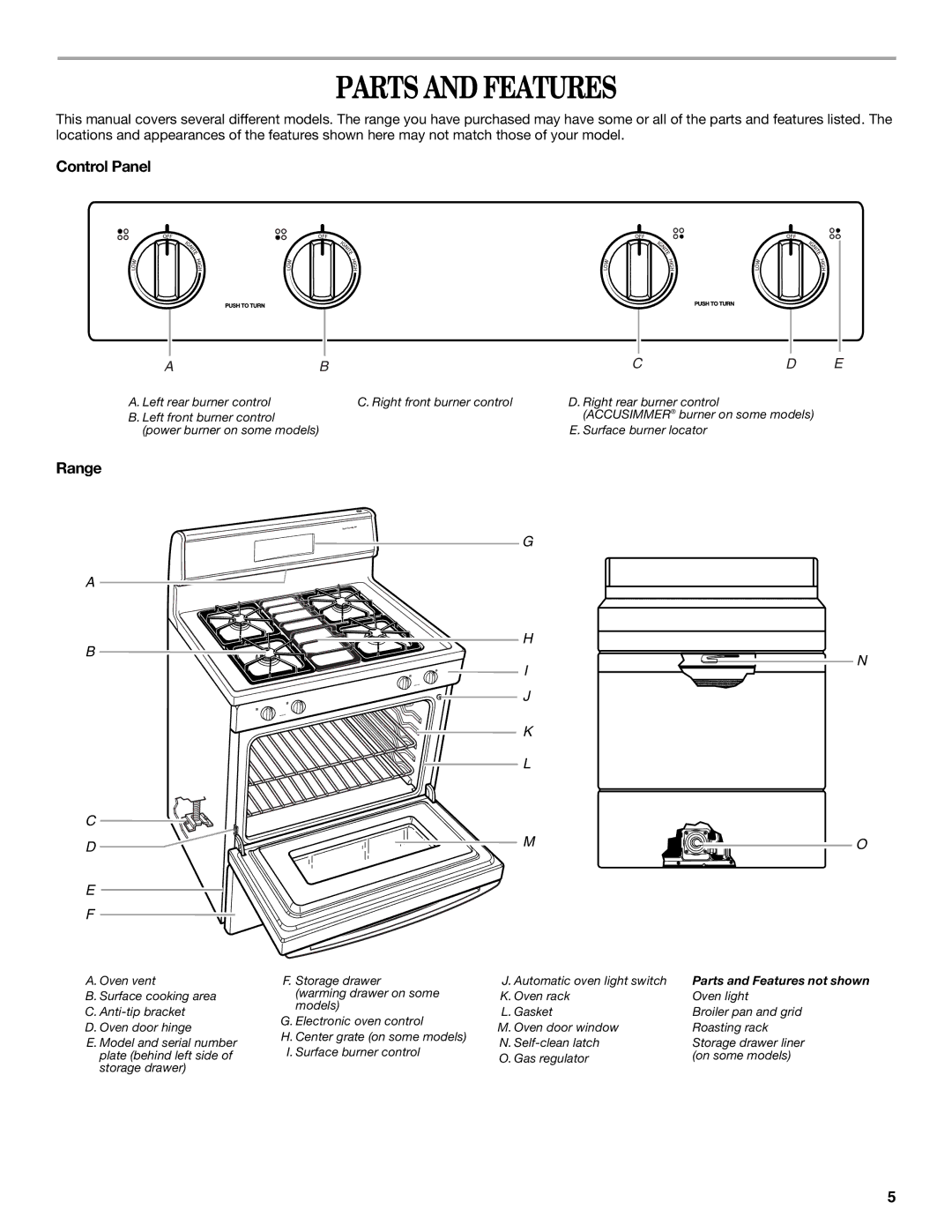 Whirlpool 9762354A manual Parts and Features, Control Panel, Range 