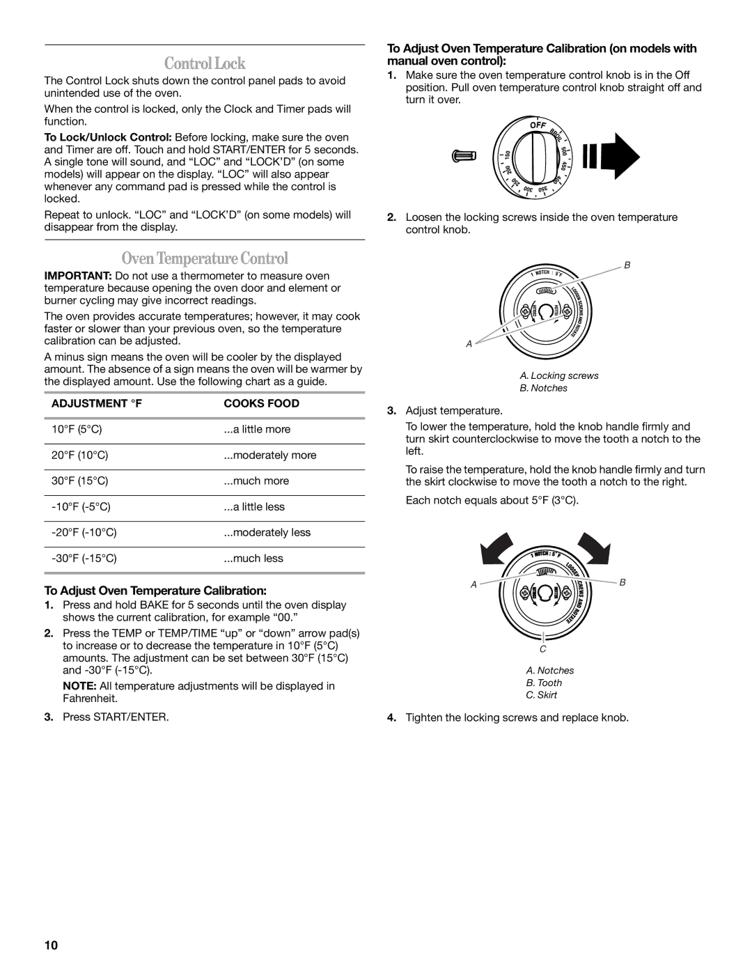 Whirlpool 9762358A Control Lock, Oven Temperature Control, To Adjust Oven Temperature Calibration, Adjustment F Cooks Food 