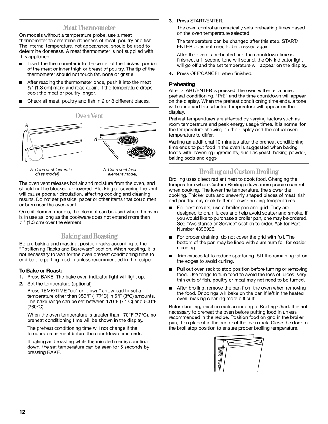 Whirlpool 9762358A manual Meat Thermometer, Oven Vent, Baking and Roasting, Broiling and Custom Broiling 