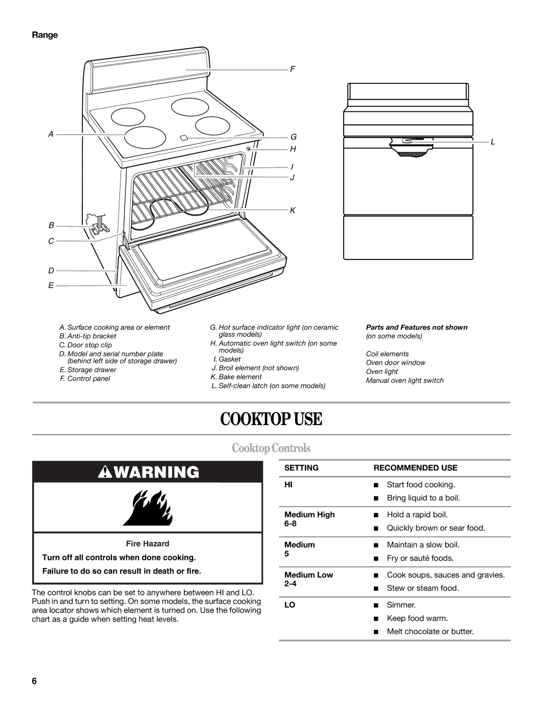 Whirlpool 9762358A manual Cooktop USE, Cooktop Controls, Range, Setting Recommended USE 