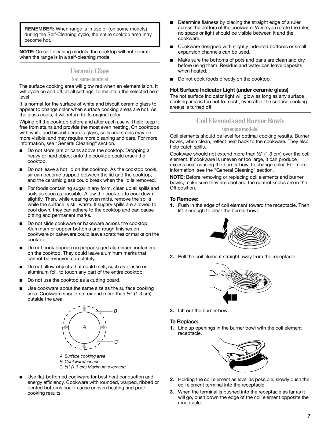 Whirlpool 9762358A manual Ceramic Glass, Coil Elements and Burner Bowls, Hot Surface Indicator Light under ceramic glass 